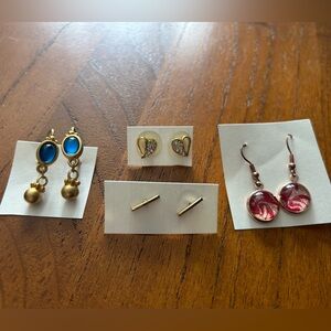 Lot of 2 Dangly and 2 Stud Earrings - Red, Hearts, Gold, Blue